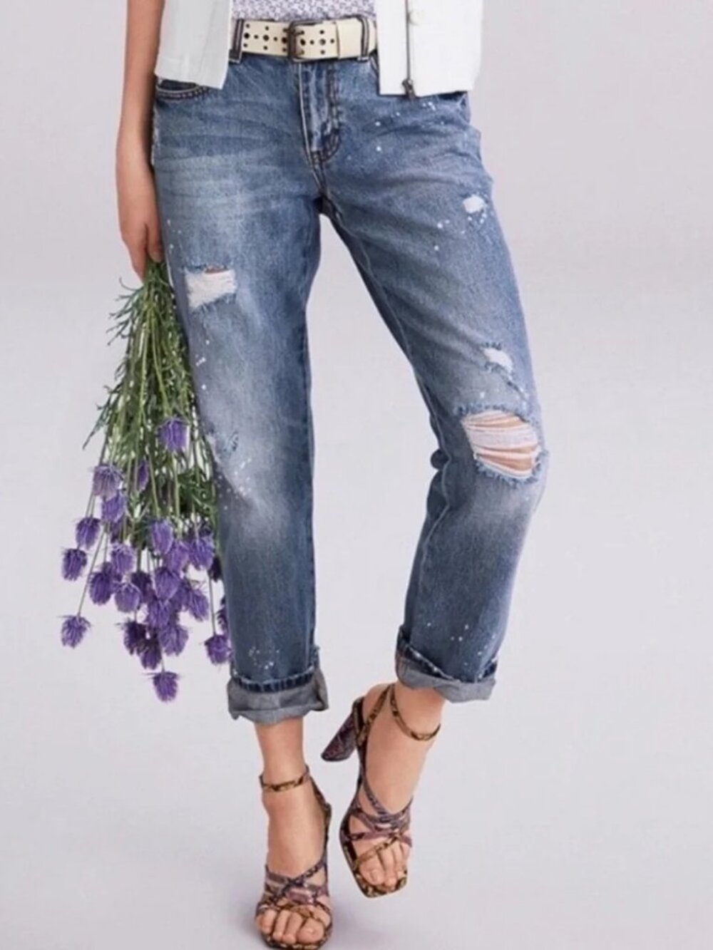 CAbi Distressed "100% Boyfriend" Jeans Ripped Paint Splatter Denim Blue Size 12